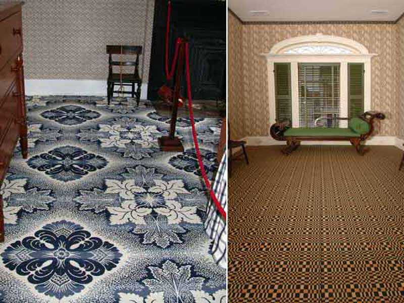 On the left, our figured ingrain carpet installed in Costigan House, Historic Madison, Indiana. On the right is a geometric ingrain carpets installed in a Federal house. This is from a weaver's draft book published in 1817 and it works well in high
style interiors like this one.