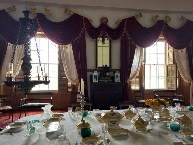 Hyde Hall dining room with our drapes and under curtains