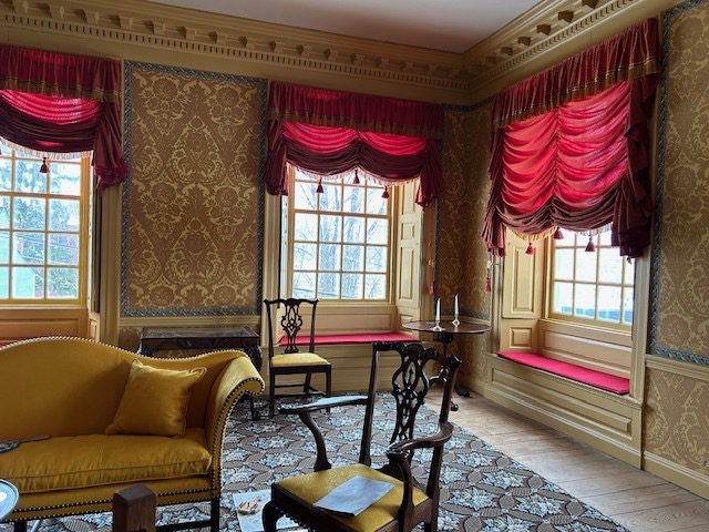 Schuyler Mansion Yellow Parlor in Albany NY  Figured worsted and fringe
and tassels copied from an 18th
century fashion plate