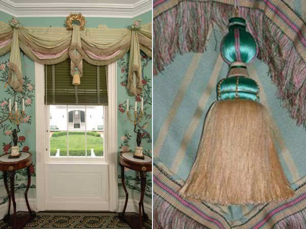 Custom silk fabric trimmed with custom cut silk fringe, silk cording, rosettes and pure silk large molded tassel.