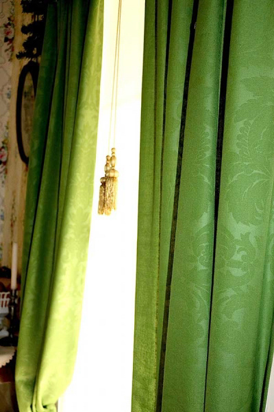 Close up of the embossed damask drapery in the Lincoln Home front family
room