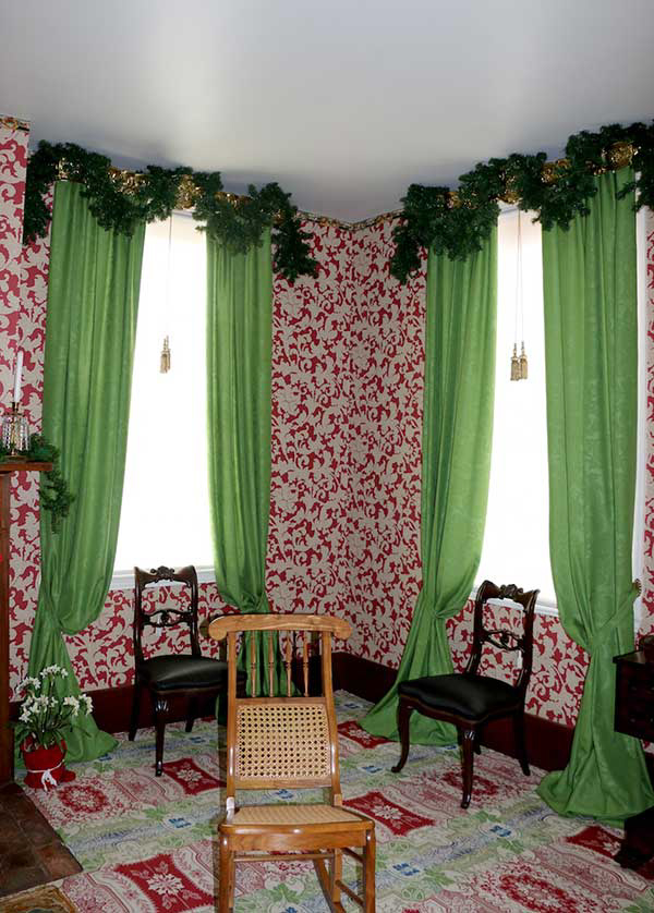 Embossed damask drapery in the Lincoln Home front family
room