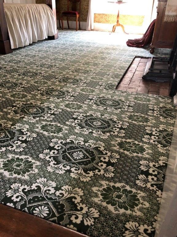 This is a worsted wool ingrain carpet that we call Sandusky, circa 1850, installed in Castigon House in Madison, Indiana.
