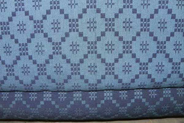 This is a traditional Twill Block coverlet in cotton and wool fearing medium  indigo blue and dark indigo blue.