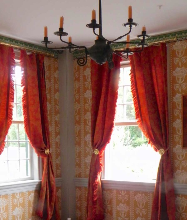 The parlor at the Emma Hale House with worsted damask pattern with hand woven cut fringe.